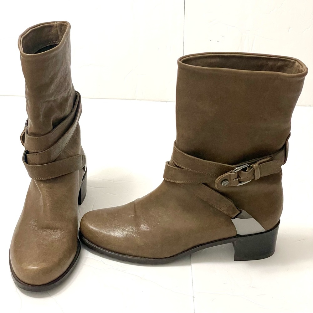 Stuart Weitzman Ranch Dressing Moto Boot Tan Leather Block Heel Womens Size 6M